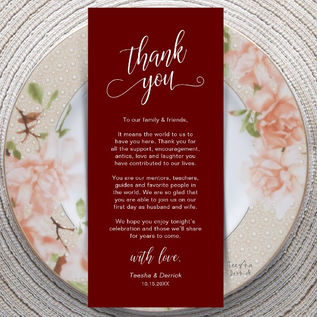 Cartão de Agradecimento de Configuração de Local d (Classy Wedding Dinner Place Setting Thank You Card in Burgundy Wine Red)