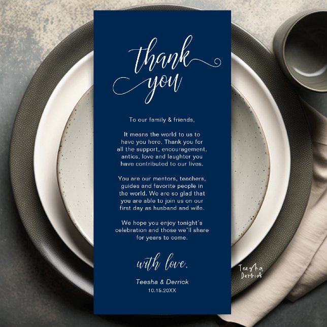 Cartão de Agradecimento de Configuração de Local d (Elegant Wedding Place Setting Thank You Card in Navy Blue)