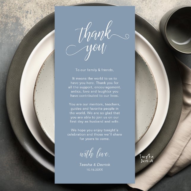 Cartão de Agradecimento de Configuração de Local d (Elegant Wedding Place Setting Thank You Card in Dusty Blue)