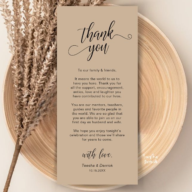 Cartão de Agradecimento de Configuração de Local d (Elegant Wedding Place Setting Thank You Card in Brown tan kraft)
