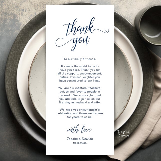 Cartão de Agradecimento de Configuração de Local d (Elegant Wedding Place Setting Thank You Card in Navy Blue)
