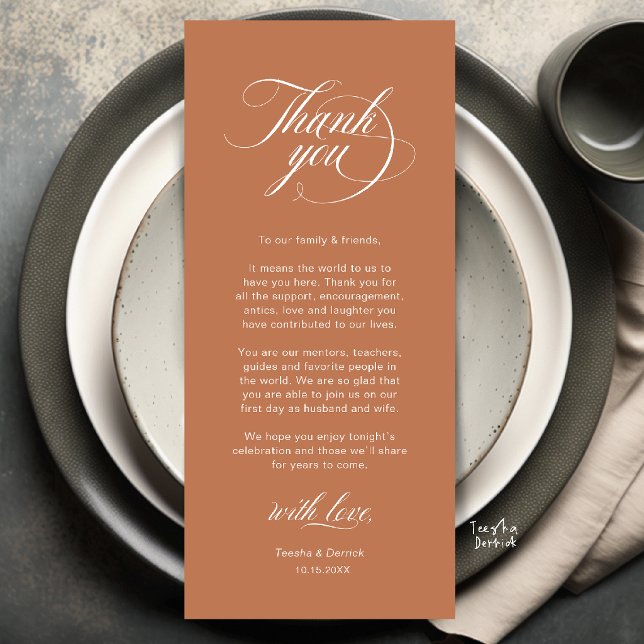Cartão de Agradecimento de Configuração de Local d (Elegant Classic Wedding Place Setting Thank You Dinner Card in copper terracotta)