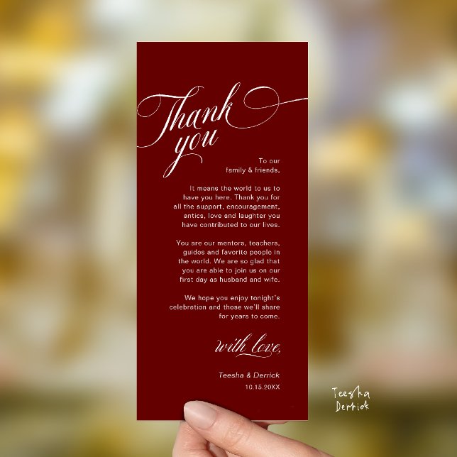 Cartão de Agradecimento de Configuração de Local d (Classy Modern Wedding Place Setting Thank You Card in Burgundy Wine Red)
