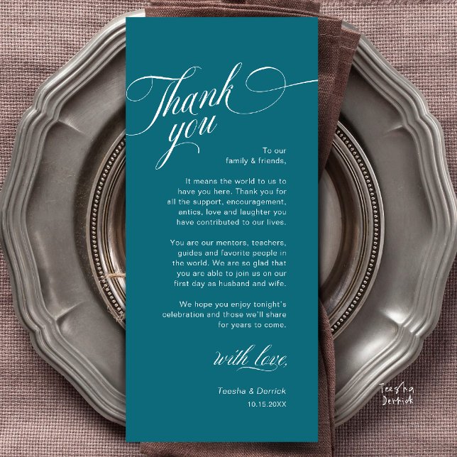 Cartão de Agradecimento de Configuração de Local d (Classy Modern Wedding Place Setting Thank You Card in Teal Emerald)