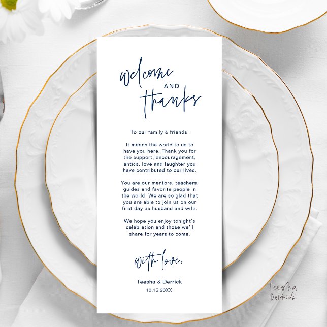 Cartão de Agradecimento de Configuração de Local d (Personalised Wedding Dinner Place Setting Thank You Card in navy blue)