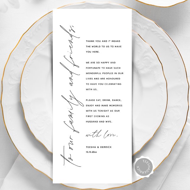 Cartão de Agradecimento de Configuração de Local d (Modern Minimalist Wedding Place Setting Thank You Card, Family and Friends, Online Editable)