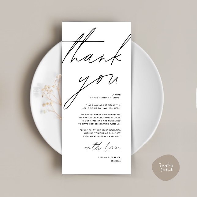 Cartão de Agradecimento de Configuração de Local d (Wedding Place Setting Thank You Card, Modern Minimalist Clean, White and Black)