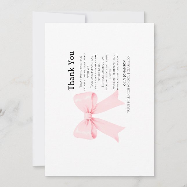 Cartão de Agradecimento de Formatura Bow Coquette (Frente)