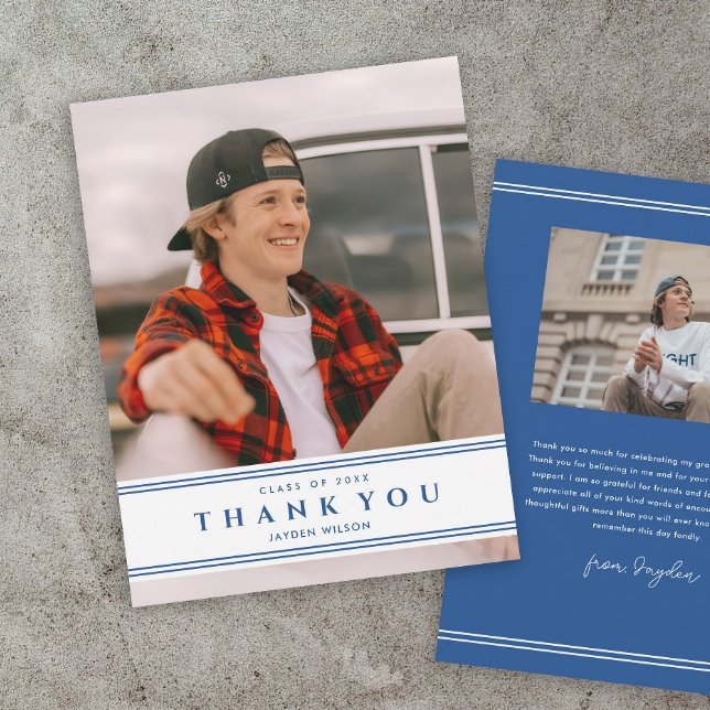 Cartão de Agradecimento de Formatura com Foto Azul (Blue Graduation Photo Thank You Cards.)