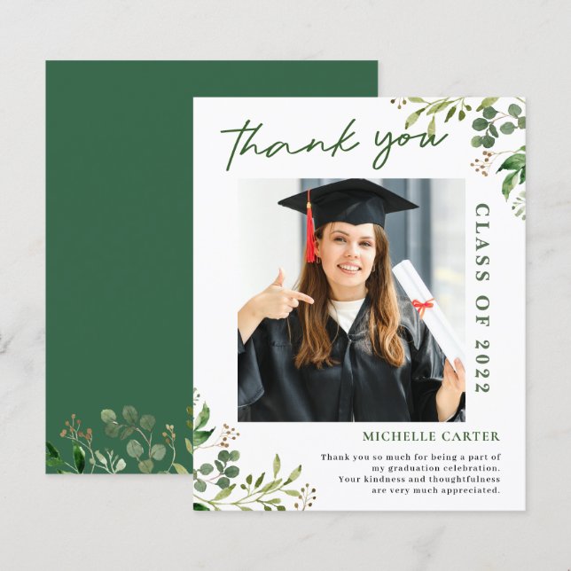 Cartão de agradecimento de formatura com foto de e (Frente/Verso)