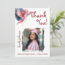 Cartão de Agradecimento de Formatura com Laço Rosa
