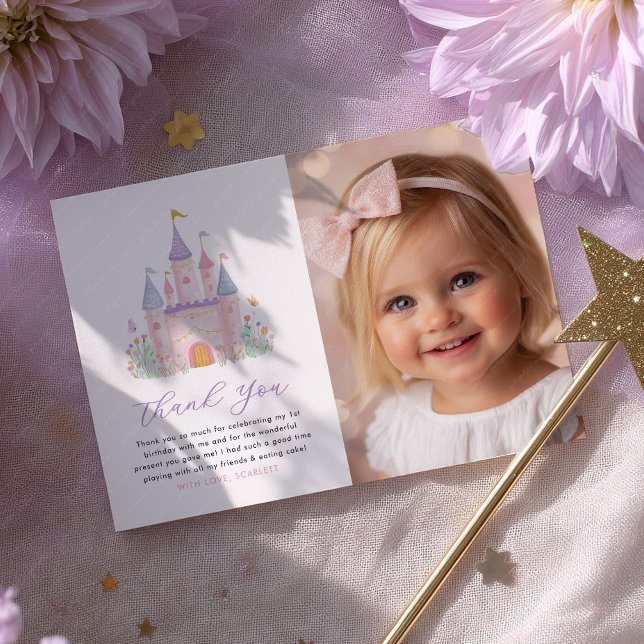 Cartão de Agradecimento de Foto de Aniversário de  (Girls birthday Photo thank you card | Princess Pastel Castle Party)