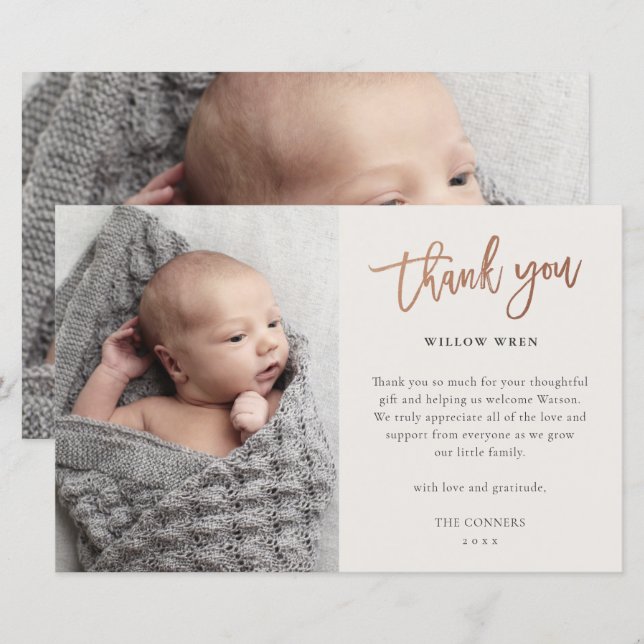 Cartão de agradecimento de foto de bebê com orçame (Frente/Verso)