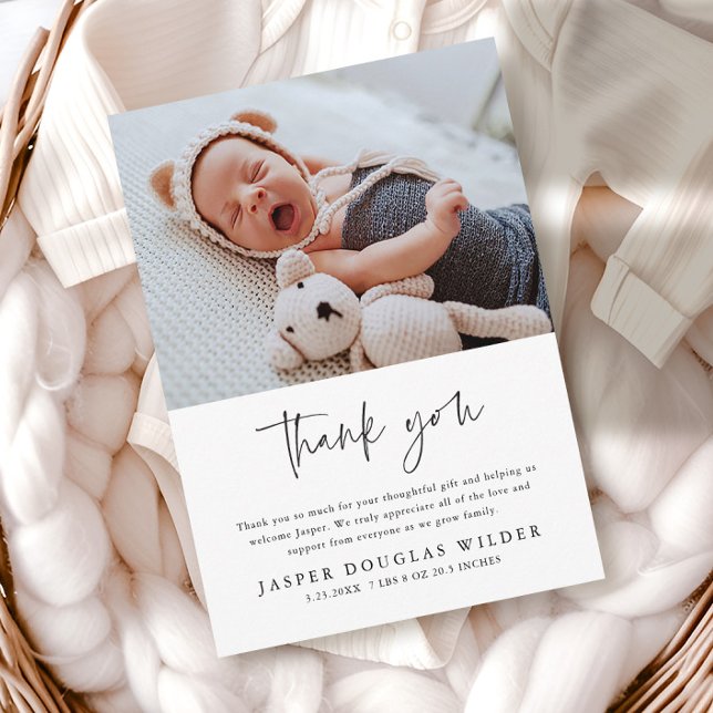 Cartão de Agradecimento de Foto de Bebê Simples co (Budget paper baby photo thank you cards.)