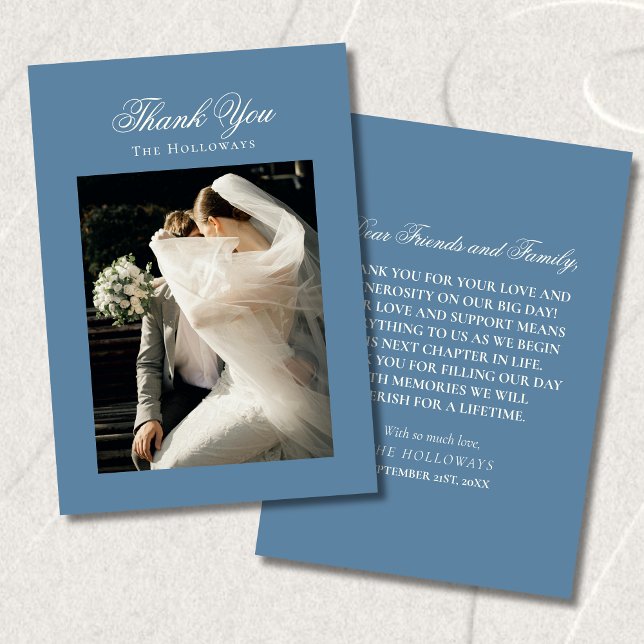 Cartão de Agradecimento de Foto de Casamento Cláss (Classic Dusty Blue Wedding Photo Thank You Card)