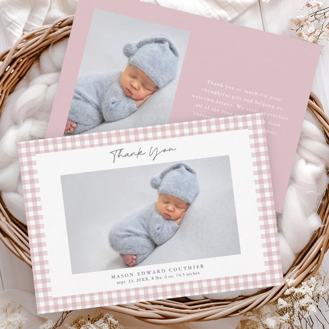 Cartão de Agradecimento de Foto de Meninas com Pad (Pink Gingham Check Baby Boys Photo Thank You Note Cards.)