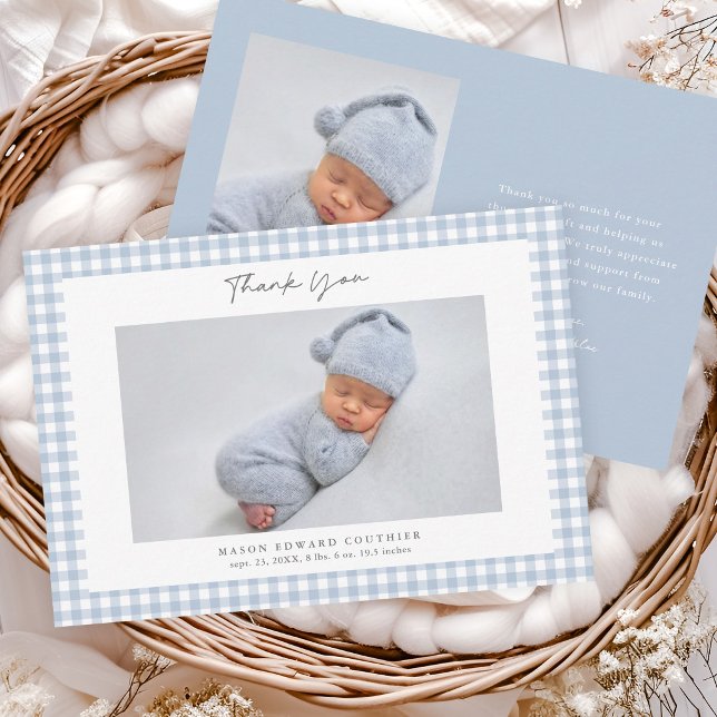 Cartão de Agradecimento de Foto de Meninos com Pad (Blue Gingham Check Baby Boys Photo Thank You Note Cards.)