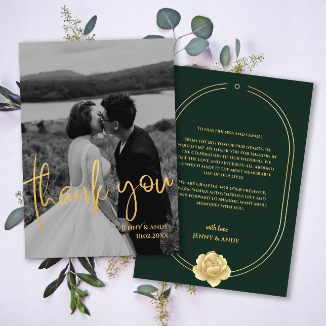 Cartão de agradecimento de foto moderno com escrit (Emerald Gold Script Modern Photo Thank You Card)