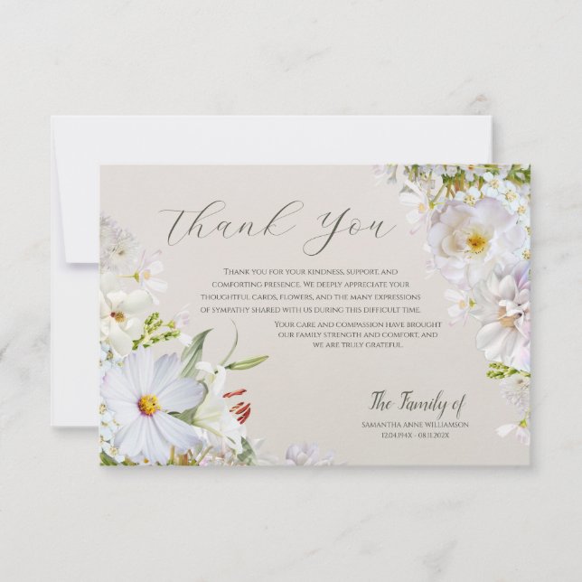 Cartão de Agradecimento de Funeral Floral Branco E (Frente)
