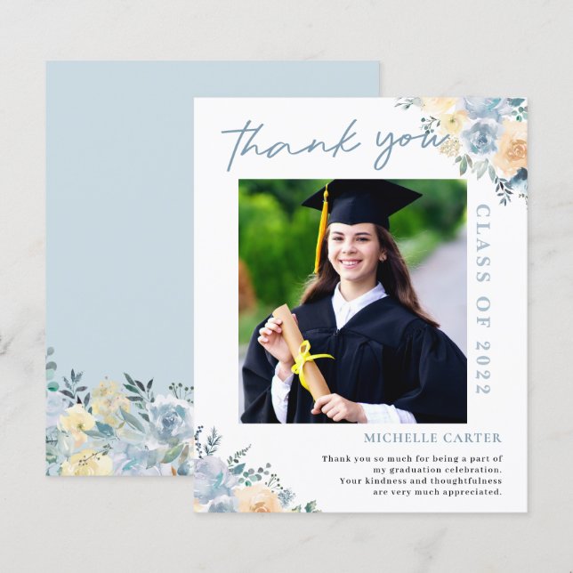 Cartão de Agradecimento de Graduação com Flores em (Frente/Verso)