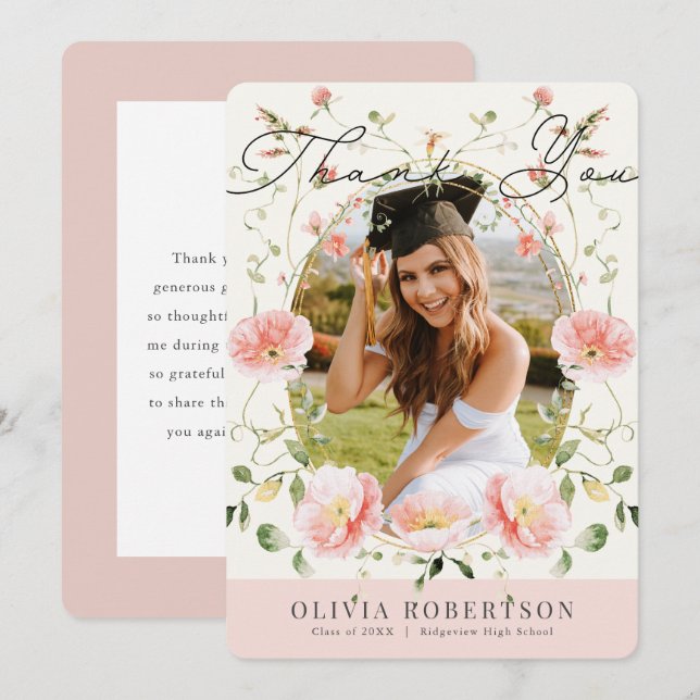 Cartão de Agradecimento de Graduação com Foto Flor (Frente/Verso)