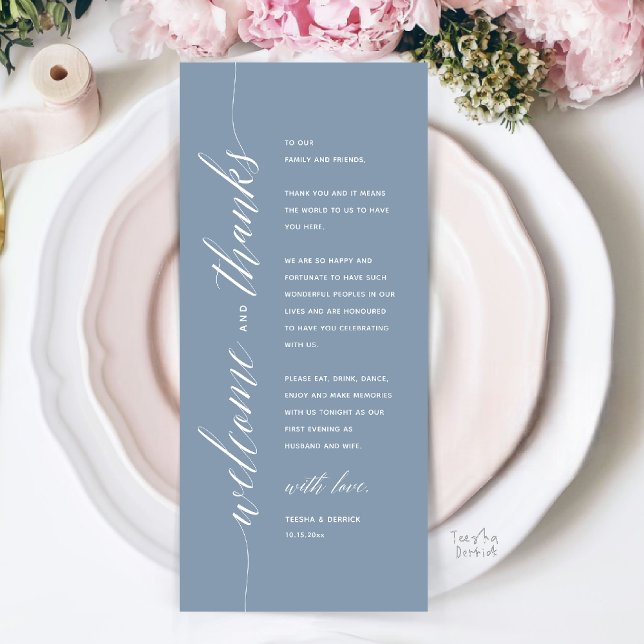 Cartão de Agradecimento de Jantar de Noivado Moder (Modern Classy Wedding Reception Dinner Thank You Card, Bridal Shower in Dusty Blue)