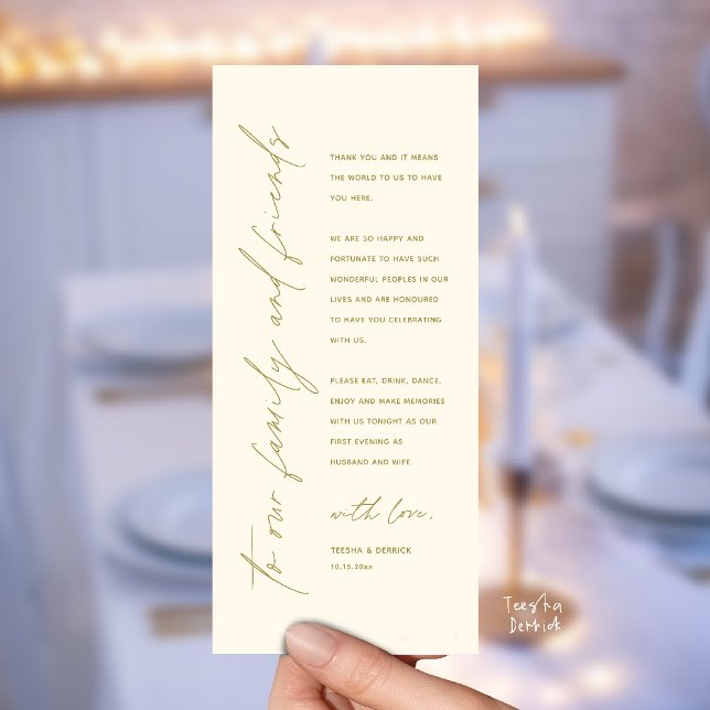 Cartão de Agradecimento de Jantar de Recepção de C (Welcome and thanks, Modern Wedding Reception Dinner Thank You card, family friends in yellow gold)