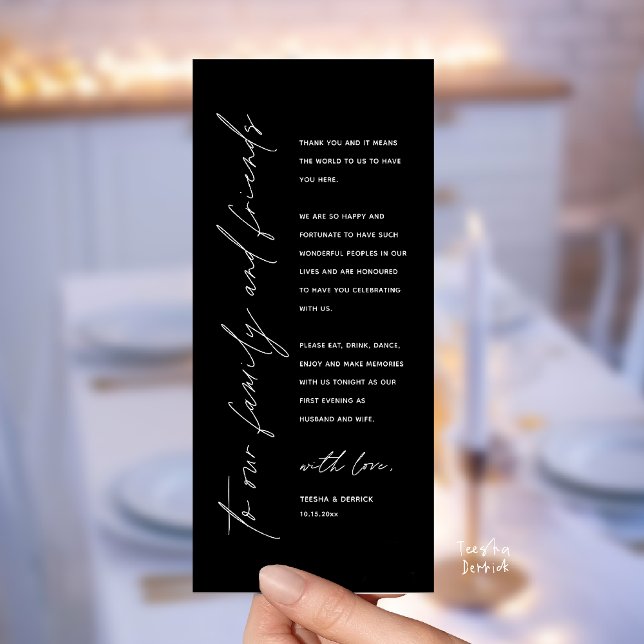 Cartão de Agradecimento de Jantar de Recepção de C (Welcome and thanks, Modern Wedding Reception Dinner Thank You card, family friends in white black)