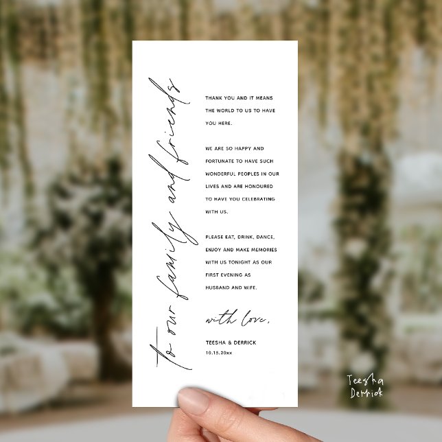Cartão de Agradecimento de Jantar de Recepção de C (Welcome and thanks, Modern Wedding Reception Dinner Thank You card, family friends in Black White)