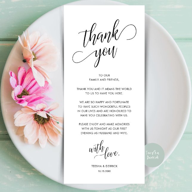Cartão de Agradecimento de Jantar Moderno e Elegan (Modern Classy Wedding Dinner Place Setting Thank You Card in Black and White)