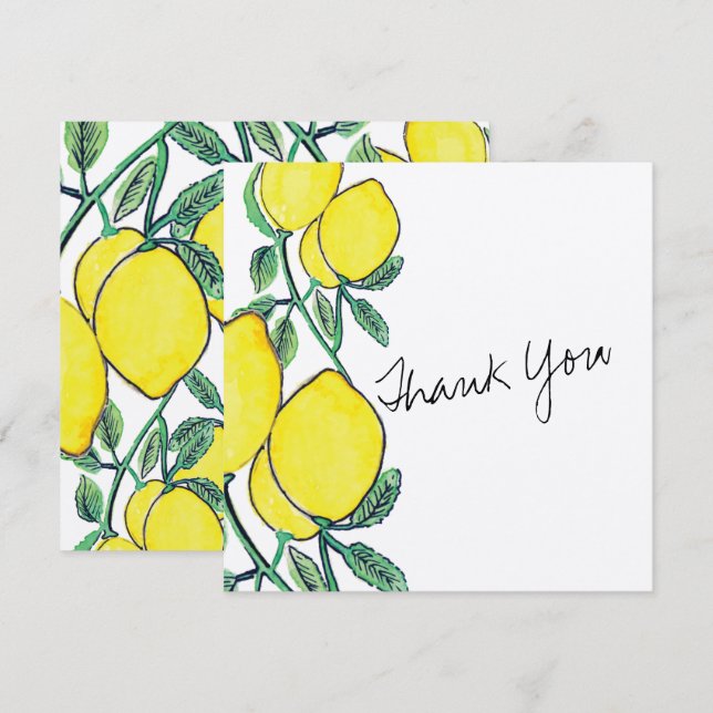 Cartão de Agradecimento de Limão em Aquarela com L (Frente/Verso)