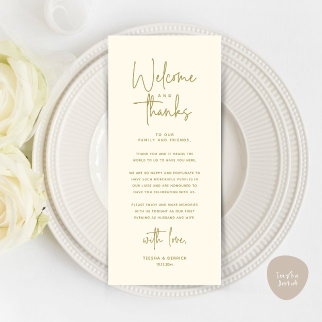 Cartão de Agradecimento de Lugar de Boas-Vindas e  (Welcome and Thanks Modern Wedding Dinner Place Setting Thank You Card in Yellow Gold Cream)