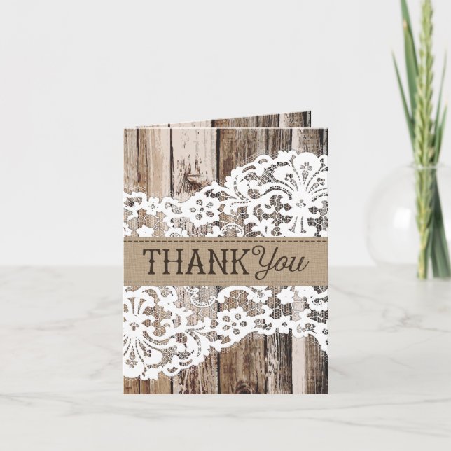 Cartão de Agradecimento de Madeira Rústica e Renda (Frente)
