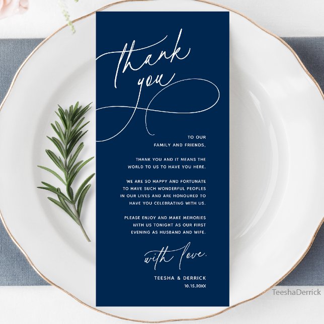 Cartão de Agradecimento de Mesa de Casamento Elega (Wedding Table Thank You Elegant Reception Dinner Card in navy blue)