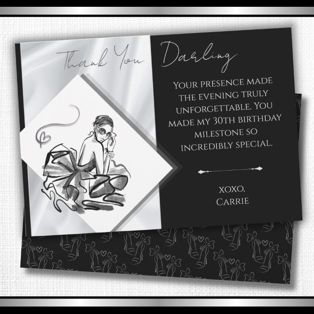 Cartão de Agradecimento de Moda Preto e Branco Mod (Modern black & white fashion sketch thank you cards for a 30th birthday gala.)
