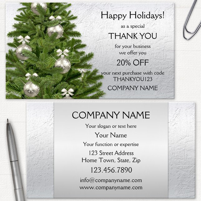 Cartão de agradecimento de Natal Silver Tree Holid (Christmas Holidays Thank You business card featuring a tree with silver baubles and bows)