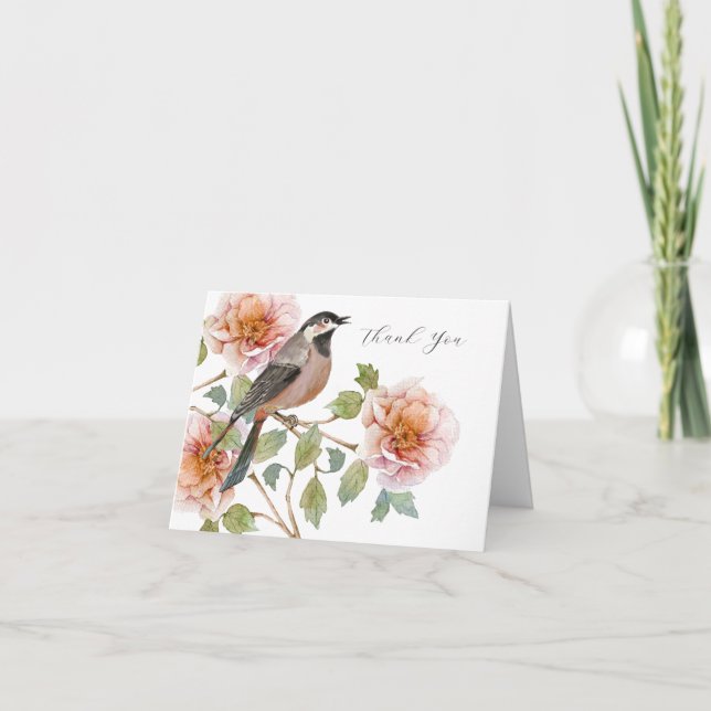 Cartão de agradecimento de pássaro nas flores (Frente)