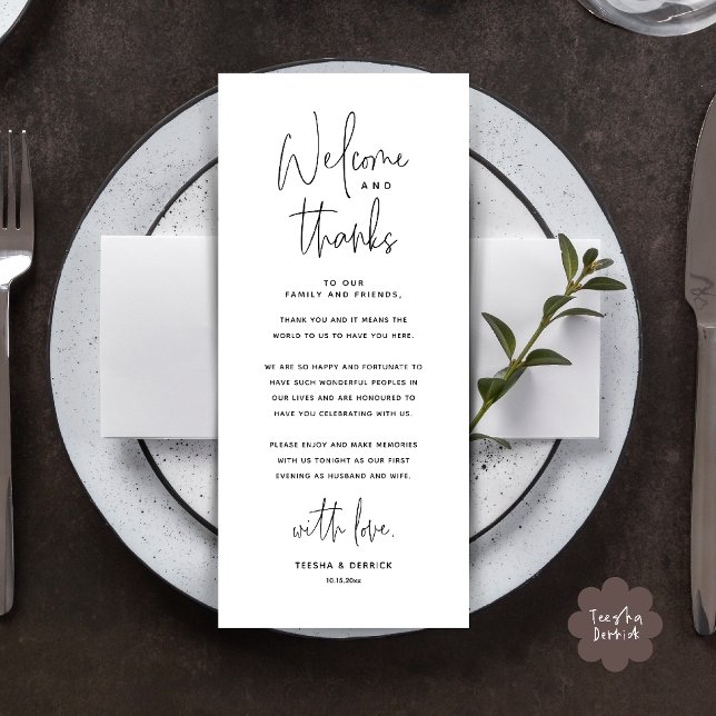 Cartão de Agradecimento de Recepção de Casamento B (Welcome n Thanks Wedding Reception Dinner Brunch Lunch Thank You Card in Black White)