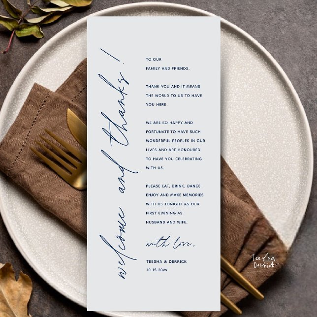 Cartão de Agradecimento de Recepção de Casamento M (Modern Minimalist Wedding Reception Dinner Thank You Card in navy blue and grey tones)