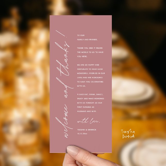 Cartão de Agradecimento de Recepção de Casamento M (Modern Minimalist Wedding Reception Dinner Thank You Card in dusty rose pink)