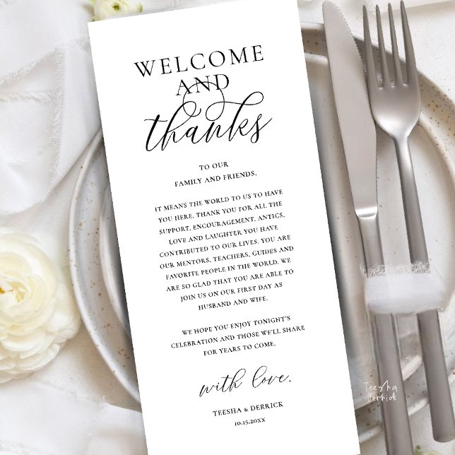 Cartão de Agradecimento de Recepção de Casamento M (Modern Classy Wedding Reception Dinner Brunch Lunch Thank You Card in black and white)