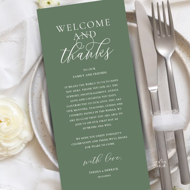 Cartão de Agradecimento de Recepção de Casamento M (Modern Classy Wedding Reception Dinner Brunch Lunch Thank You Card in Sage Green)