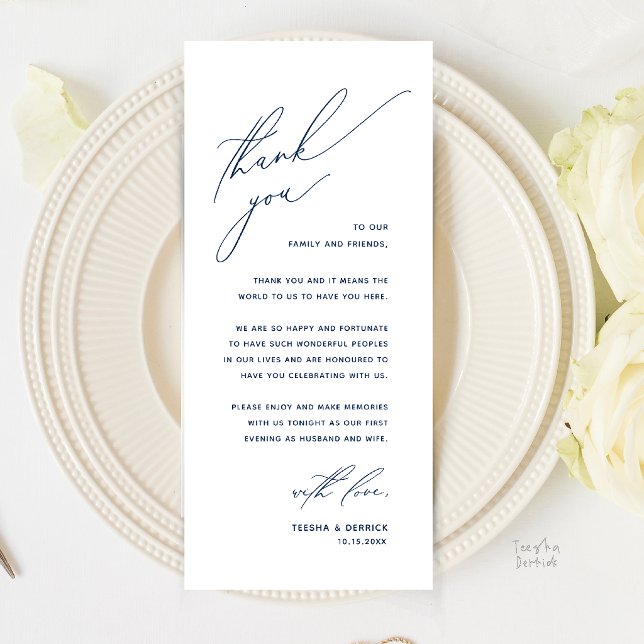 Cartão de Agradecimento de Recepção de Casamento M (Romantic Modern Wedding Reception Dinner Thank You Card in Navy Blue)