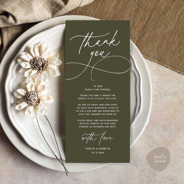Cartão de Agradecimento de Recepção de Casamento M (Romantic Modern Wedding Reception Dinner Thank You Card in olive green)
