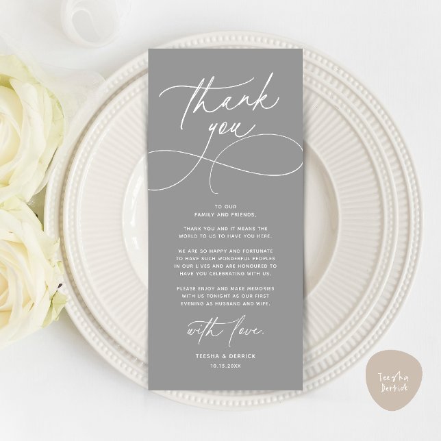 Cartão de Agradecimento de Recepção de Casamento M (Romantic Modern Wedding Reception Dinner Thank You Card in dark grey)