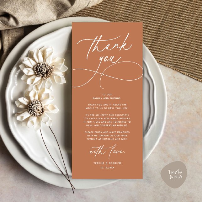 Cartão de Agradecimento de Recepção de Casamento M (Romantic Modern Wedding Reception Dinner Thank You Card in copper terracotta brown)