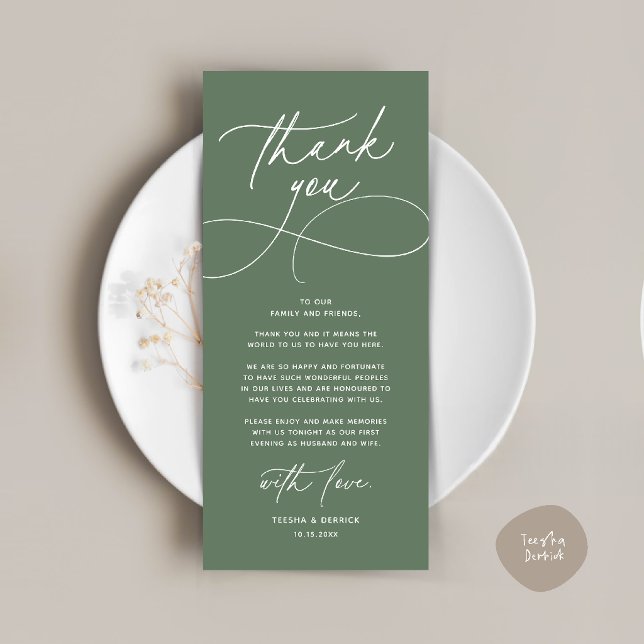 Cartão de Agradecimento de Recepção de Casamento M (Romantic Modern Wedding Reception Dinner Thank You Card in sage green)