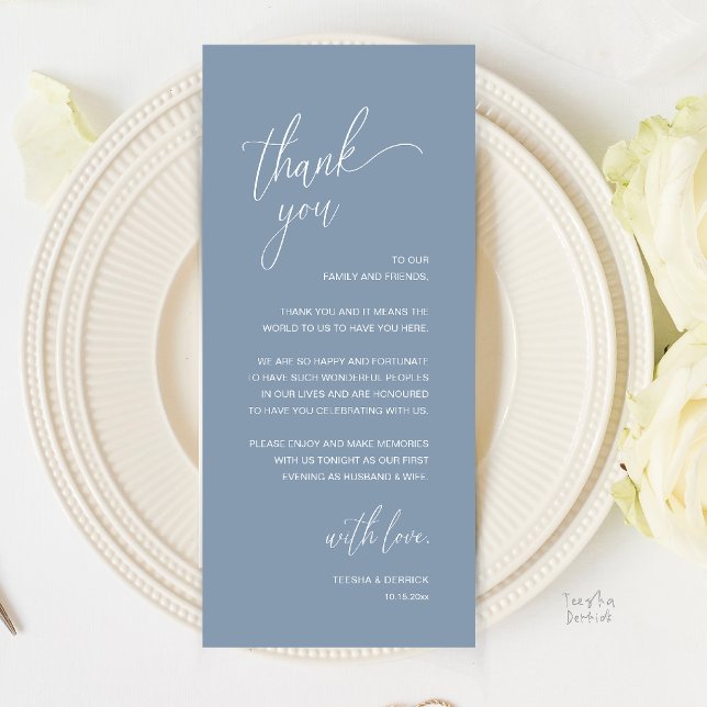 Cartão de Agradecimento de Recepção de Casamento M (Modern Minimalist Wedding Reception Thank You Card in Classy Dusty Blue)