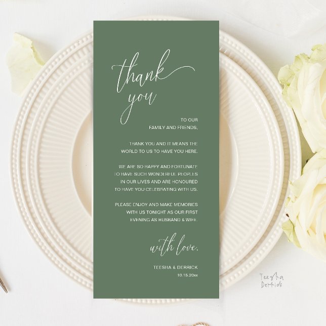 Cartão de Agradecimento de Recepção de Casamento M (Modern Minimalist Wedding Reception Thank You Card in Classy Sage Green)