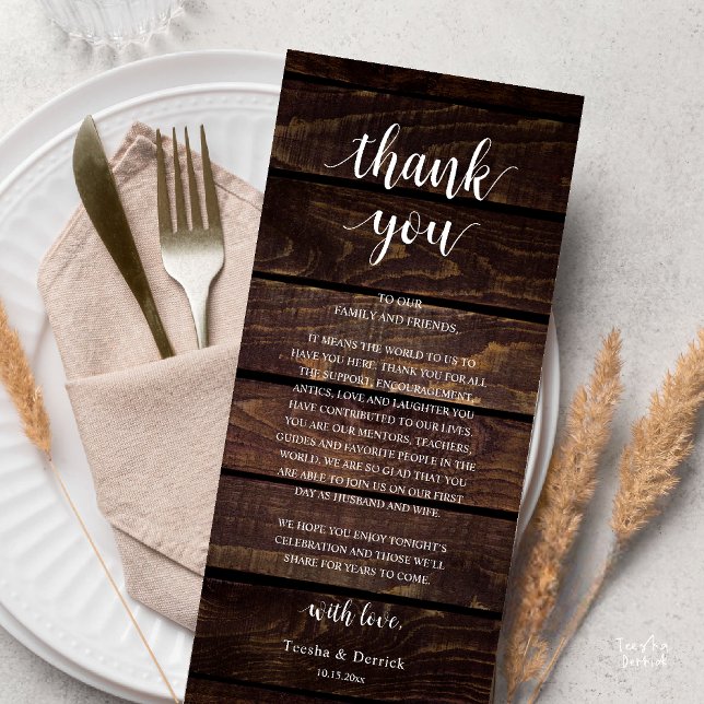 Cartão de Agradecimento de Recepção de Casamento R (Modern Rustic Wedding Dinner Thank You Card Reception Lunch Brunch Reception in Cottage Dark Wood)